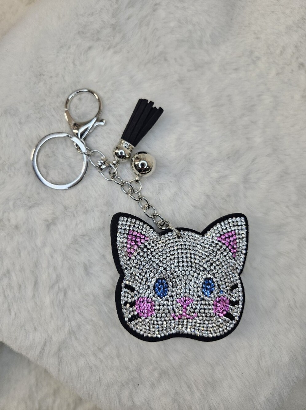Crystal Cat Keychain Charm with Pink Accents